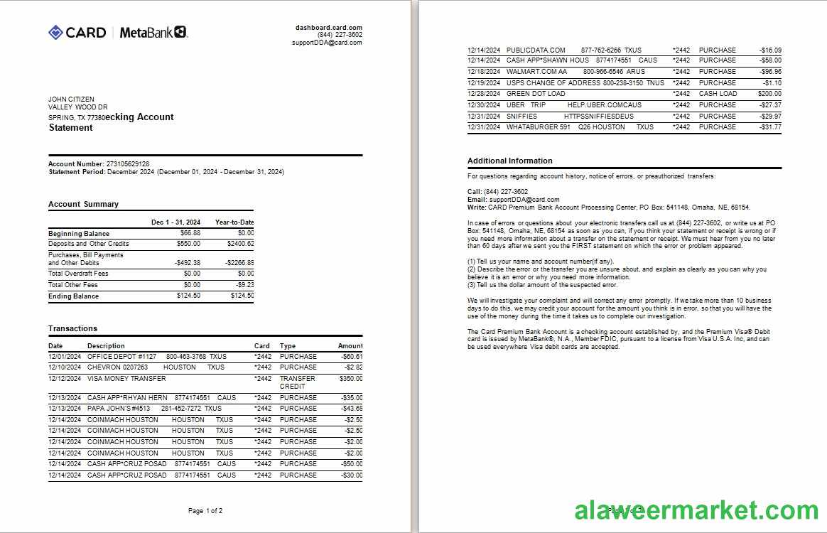 USA Meta Bank card statement Word and PDF example, 2 pages